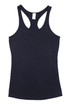 A black women's T-back singlet featuring a fitted design and a simplistic style. The vest has a logo on the tag.