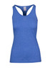 A blue women's athletic T-back singlet featuring a fitted design and a logo on the label. A blue women's athletic T-back singlet featuring a fitted design and a logo on the label.