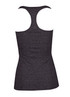 A dark grey athletic T-back singlet featuring a fitted design and a logo. A dark grey athletic T-back singlet featuring a fitted design and a logo.