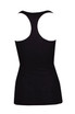 A black women’s athletic T-back singlet featuring a fitted design and a plain back. Includes a logo.