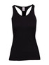 A black women's athletic T-back singlet featuring a sleek design and a logo.