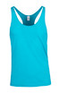 A light blue athletic singlet with a scoop neck and T-back design. It has a tag inside and a branding logo. A light blue athletic singlet with a scoop neck and T-back design. It has a tag inside and a branding logo.