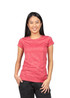 A red women's T-shirt made of 100% polyester, featuring a logo and short sleeves. A red women's T-shirt made of 100% polyester, featuring a logo and short sleeves.