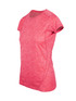 A pink women's short-sleeve T-shirt made from 100% polyester, featuring a logo. A pink women's short-sleeve T-shirt made from 100% polyester, featuring a logo.