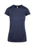 A women's short-sleeve T-shirt in navy blue, made of 100% polyester, featuring a logo. A women's short-sleeve T-shirt in navy blue, made of 100% polyester, featuring a logo.