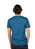 A back view of a men's/unisex T-shirt, featuring a blue heather design and short sleeves. It has a logo on the back. A back view of a men's/unisex T-shirt, featuring a blue heather design and short sleeves. It has a logo on the back.