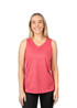A pink women's singlet made from 100% polyester, featuring a rounded neckline and a branding logo.