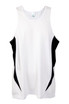 A white and black singlet with a sporty design, featuring a logo on the front.