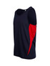 A men's singlet featuring navy and red colours with a logo on the side.