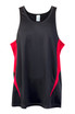 A black and red singlet featuring a sporty design and a logo on the front.