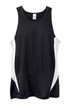A black singlet with white side panels, featuring a logo on the front. Suitable for men's activewear. A black singlet with white side panels, featuring a logo on the front. Suitable for men's activewear.