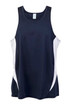 A navy blue singlet with white side panels, featuring a logo on the chest area. A navy blue singlet with white side panels, featuring a logo on the chest area.