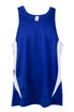 A blue singlet with white accents, featuring a logo, designed for men's activewear. A blue singlet with white accents, featuring a logo, designed for men's activewear.