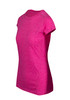A vibrant pink women's athletic T-shirt with a fitted design and short sleeves. It features a logo on the front.