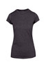 A women's athletic T-shirt in dark grey, featuring a fitted design and short sleeves. It has a logo on it.