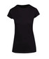 A black women's athletic T-shirt featuring short sleeves and a fitted style. It has a logo on it.