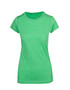 A green women's athletic t-shirt featuring a classic crew neck and short sleeves, with a logo present. A green women's athletic t-shirt featuring a classic crew neck and short sleeves, with a logo present.