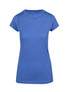 A blue athletic women's t-shirt with a round neckline and short sleeves, featuring a logo.