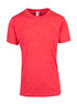 A red heather T-shirt featuring a crew neck design. It includes a logo on the label.