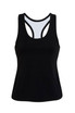 A black women's singlet with a racerback design and contrasting inner lining, featuring a logo. A black women's singlet with a racerback design and contrasting inner lining, featuring a logo.