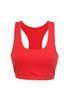 A red women's self brassiere singlet with a sleeveless design and a racerback style. It features a logo.