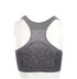 A grey sports crop top with a racerback design, featuring textured fabric and a logo.