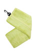 A green bamboo golf towel with a plastic hook for easy attachment. It has a soft, textured surface.