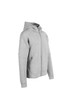 A grey zip-up hoodie with a hood, featuring a smooth fabric texture and side pockets. It has a branding logo.