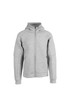 A grey zip-up hoodie with a hood and pockets, featuring a subtle logo.