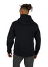 A black men's hoodie with a spacious hood, featuring a simple design and a logo on the back.