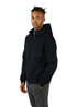 A black men's hoodie with a zip and a hood, featuring side pockets and a logo. The model is wearing grey pants.