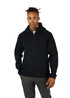 A black hoodie with a zip front and hood, featuring side pockets and a branded logo.