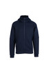 A navy blue men's hoodie featuring a zippered front and high neck, with pockets and a logo.