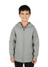 A light grey hoodie with a zip and a hood, displayed on a smiling child. The hoodie features a logo.