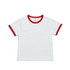 A white kids' ringer tee with red trim around the collar and sleeves, featuring a logo on the label. A white kids' ringer tee with red trim around the collar and sleeves, featuring a logo on the label.
