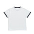 A kids' ringer tee in white with a contrasting dark neckline and sleeve trims, featuring a logo. A kids' ringer tee in white with a contrasting dark neckline and sleeve trims, featuring a logo.