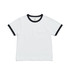 A white kids' ringer tee with black trim around the neckline and sleeves. The tee has a logo on the inside tag. A white kids' ringer tee with black trim around the neckline and sleeves. The tee has a logo on the inside tag.