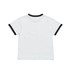 A kids' ringer tee in white with a black collar and sleeve edges, featuring a logo at the back.