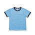 A light blue kids' ringer tee with navy blue trim around the collar and sleeves. It has a label inside. A light blue kids' ringer tee with navy blue trim around the collar and sleeves. It has a label inside.