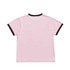 A pink kids' ringer tee featuring a contrasting dark brown trim. The back view is shown. A pink kids' ringer tee featuring a contrasting dark brown trim. The back view is shown.