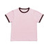 A pink kids' ringer tee with brown trim around the neck and sleeves. It features a logo on the label.