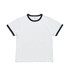 A white kids' ringer tee with navy blue sleeves and neckline. It features a small logo on the label. A white kids' ringer tee with navy blue sleeves and neckline. It features a small logo on the label.