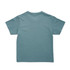 A teal kid's T-shirt with short sleeves and a plain back. The shirt features a logo.