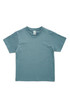 A teal children's t-shirt with short sleeves and a round neckline, featuring a logo on the label.