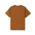A brown T-shirt with short sleeves and a plain back. It features a logo near the collar.
