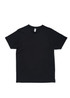 A black unisex T-shirt with short sleeves, featuring a logo on the label. A black unisex T-shirt with short sleeves, featuring a logo on the label.