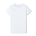 A white women's T-shirt with short sleeves and a round neckline, featuring a branding label.