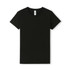 A plain black women's T-shirt featuring a crew neck and short sleeves, with a small label and branding.