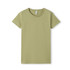 A green women's T-shirt with a simple round neckline and short sleeves, featuring a logo. A green women's T-shirt with a simple round neckline and short sleeves, featuring a logo.