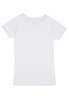 A white women's organic cotton T-shirt with a classic crew neckline and short sleeves. It features a branding logo.